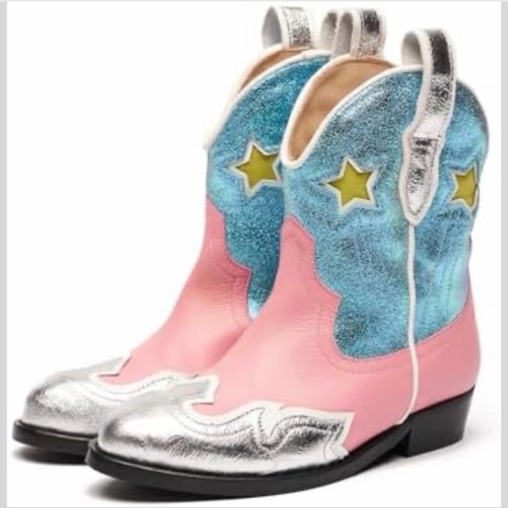 Kids Silver and Pink Star Cowboy Boots